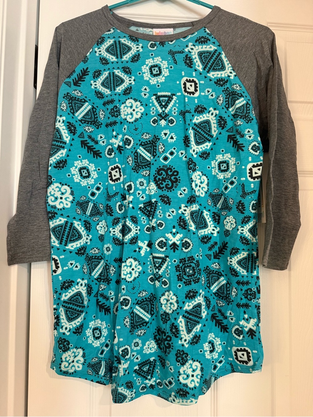 LuLaRoe Randy Turquoise and Gray Raglan Top